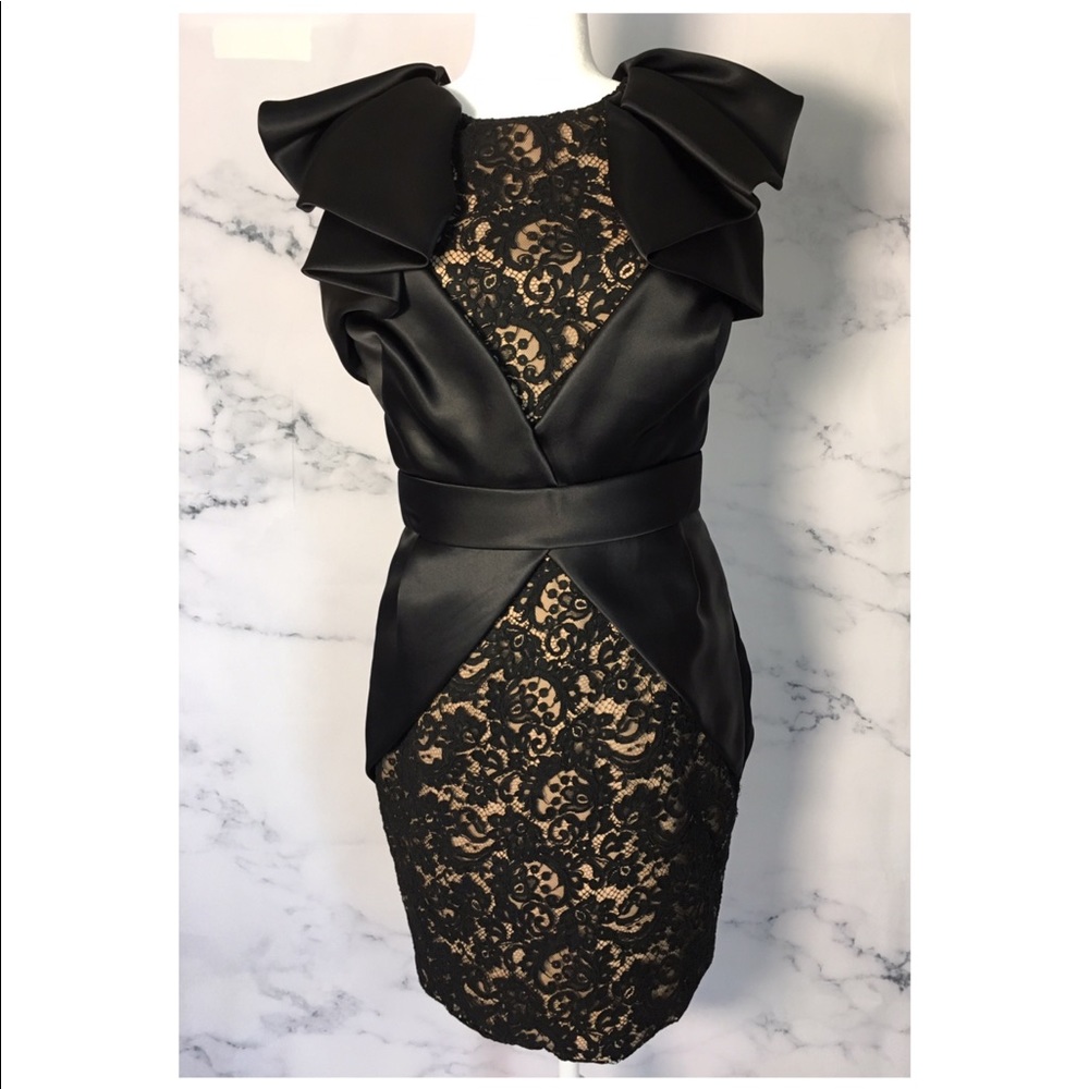 MARCHESA Black Lace with Black Satin Ruffles Dress